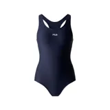 Malla enteriza deportiva azul marino con logo Fila estampado en blanco.