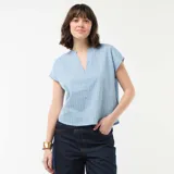 Blusa de manga corta color azul con estampado de rayas verticales blancas, cuello en pico y corte holgado.