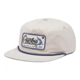 Gorra de 5 paneles estilo snapback con visera plana y cordón decorativo en la base de la visera. Presenta un parche frontal con el logo de Columbia Sportswear Company y un diseño de pez.