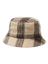Gorro tipo bucket color marrón y beige con patrón de cuadros, confeccionado en tejido estructurado.