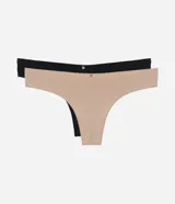 Kit de dos bombachas bikini, una color piel y otra negra, confeccionadas en microfibra leve con elástico en la cintura y monedita con el logo de la marca.