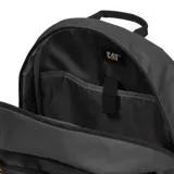 Mochila unisex color gris oscuro (anthracite) con compartimento principal que incluye funda acolchada para laptop de 15 pulgadas. Posee bolsillo delantero con cierre, presillas frontales, bolsillos laterales de malla y correas de compresión laterales. El panel trasero y las correas son acolchados con malla transpirable.