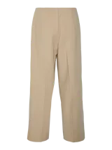 Pantalón sastrero de tiro alto y corte recto, color beige, con pinzas frontales y tejido elástico.
