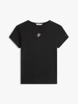 Remera negra de corte slim en punto de algodón elástico, con cuello redondo y pequeño logo bordado en el pecho.