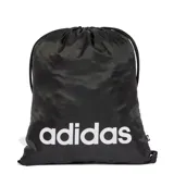 Mochila tipo saco Adidas de color negro, con cierre de cordones y logo de la marca estampado en blanco en la parte frontal.