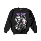 Buzo negro de cuello redondo y manga larga con estampado gráfico frontal en estilo vintage que incluye fotografías de Jaime Roos y su nombre en letras violetas.