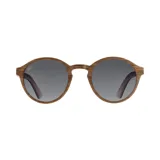 Lentes de sol redondos con marco de madera color marrón claro y lentes grises.