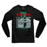Remera de manga larga color negro con estampa frontal estilo cómic que incluye texto en japonés y viñetas con diálogos humorísticos.