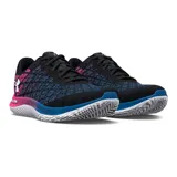 Championes de running Under Armour modelo Flow Velociti, con tecnología de amortiguación Flow de una sola pieza y parte superior Warp para mayor sujeción y transpirabilidad. Diseño multicolor con base negra, detalles en rosa y azul, y suela blanca texturizada.