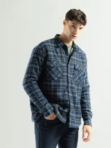 Sobrecamisa de franela a cuadros azul, verde y blanco, con forro de corderito blanco, cuello clásico, cierre frontal con botones, mangas largas y dos bolsillos con solapa abotonada en el pecho.