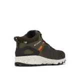 Bota de senderismo Columbia Peakfreak II Mid Outdry, color verde oliva con detalles en negro y naranja. Presenta tecnología impermeable OutDry, sistema de ajuste Navic Fit y entresuela TechLite+ para mayor amortiguación. Suela Adapt Trax con tracción superior y diseño de altura media para soporte en el tobillo.