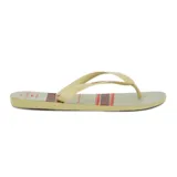 Ojotas de hombre marca Tropical Brasil, color arena con estampado de rayas horizontales en marrón y rojo.