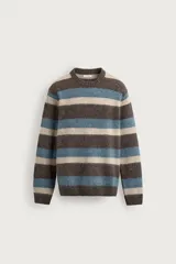 Sweater de punto con textura efecto pelo, cuello redondo, manga larga y diseño a rayas horizontales en tonos marrón, celeste y beige.