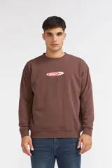 Buzo Quiksilver color marrón, con cuello redondo, mangas largas y el pequeño logotipo de la marca estampado en el centro del pecho dentro de un óvalo rojo con borde blanco.