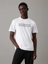 Remera blanca de algodón con cuello redondo y mangas cortas. Estampado frontal con el logo de Calvin Klein en un recuadro gris.
