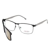 Lentes de receta Noon modelo M01 con armazón metálico negro y patillas grises. Incluye un clip-on solar magnético desmontable con lentes oscuros.