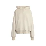 Campera deportiva con capucha y cierre frontal completo. Presenta un diseño minimalista en color beige, con puños y ruedo acanalados que brindan un ajuste cómodo.