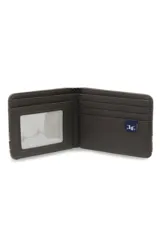 Billetera de tela canvas bicolor con detalle de cuero marrón y logo 'Legacy' estampado.