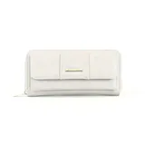 Billetera larga marca Lincoln's, color bordó con interior beige. Presenta un diseño con solapa frontal, múltiples compartimentos para tarjetas, visor y monedero con cierre.