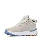 Bota de senderismo Columbia modelo Facet 75 Equinox, color beige con detalles en blanco y suela con relieve en tonos azul y marrón. Presenta tecnología impermeable OutDry, forro térmico Omni-Heat Infinity y refuerzos de TPU para mayor estabilidad.