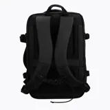 Mochila de diseño técnico y minimalista en color negro, con múltiples compartimentos, correas de compresión laterales y asa de transporte reforzada. Cuenta con cierres frontales y laterales, ideal para uso urbano o viajes.