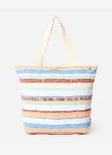 Bolso de mano tipo tote bag de Rip Curl, modelo Oceanic Interest, con diseño de rayas horizontales multicolor y asas dobles de tela color beige.