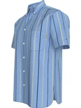 Camisa celeste de Tommy Hilfiger con rayas verticales azules y amarillas, de corte regular, manga corta, cuello abotonado, bolsillo de parche en el pecho y logo bordado en la manga.