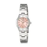 Reloj Casio analógico para mujer, modelo LTP1241D-4A3DF, con caja y pulsera de acero inoxidable plateado. Presenta una esfera de color rosado de 28 mm con índices numéricos, visor de fecha a las 3 en punto, cristal mineral y movimiento de cuarzo.