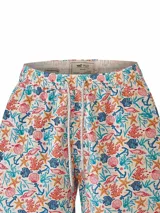 Short de baño RKF modelo Izam de color beige, con estampado colorido de temática marina que incluye peces, estrellas de mar, corales, conchas y anclas. Cuenta con cintura elástica, cordón ajustable y bolsillos.