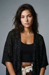 Ruana negra de tejido abierto con hilos dorados brillantes, manga corta y corte amplio.