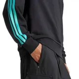 Buzo deportivo Adidas de cuello redondo, color negro, con bandas celestes en las mangas y logotipos de Adidas y Mercedes AMG-Petronas estampados en el pecho.