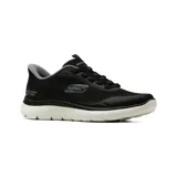 Championes deportivos Skechers modelo Summits Leyter, color negro con entresuela blanca. Presentan tecnología Hands Free Slip-ins, parte superior de tejido técnico con superposiciones hotmelt, cordones elásticos fijos y plantilla acolchada Air-Cooled Memory Foam.