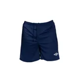 Short deportivo azul marino de poliéster con cintura elástica y cordón ajustable.