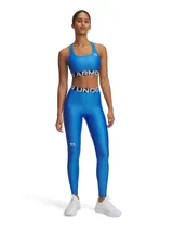 Calza deportiva Under Armour de la línea HeatGear, color azul vibrante. Presenta un diseño ajustado con cintura elástica ancha con el logo de la marca visible y logo pequeño en la pierna derecha. Confeccionada en tejido elástico de secado rápido.