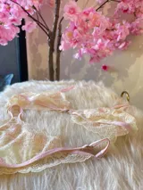 Conjunto de lencería compuesto por un bralette y una tanga, confeccionados en encaje bitono rosa y champagne con diseño floral. El bralette presenta cierre frontal con broche de gancho y breteles regulables. La tanga es de estilo colaless con laterales regulables.