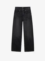 Jean gris oscuro de corte amplio con piernas anchas y cintura alta. Diseño de 5 bolsillos, trabillas y cierre de cremallera.