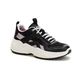 Championes Cat modelo Hasten Mesh para mujer, en color negro con detalles en rosado y entresuela blanca. Confeccionados en malla transpirable y microfibra, con cordones blancos y suela de goma con tracción.
