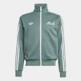 Campera deportiva Adidas Originals, modelo colaboración Bob Marley, color verde con las icónicas tres tiras blancas en las mangas. Presenta cuello alto, cierre frontal con cremallera y logo del Trifolio bordado en el pecho.