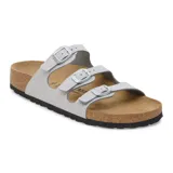 Sandalias Birkenstock modelo Florida, color plateado con acabado brillante de glitter. Presentan diseño de tres tiras con hebillas metálicas ajustables, plantilla anatómica de corcho y suela de goma.