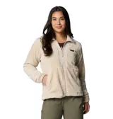 Campera polar de textura suave y afelpada, color beige, con cierre frontal completo, cuello alto y bolsillos laterales con cierre.