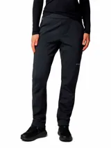 Pantalón de senderismo Columbia Titanium color negro, de tiro alto y corte ajustado. Confeccionado en tejido técnico repelente al agua y manchas, cuenta con bolsillos laterales con cierre, cintura parcialmente elástica y refuerzos en las rodillas para mayor movilidad.