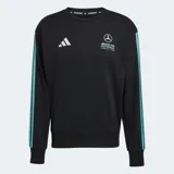 Buzo de cuello redondo Adidas, parte de la colección Mercedes-AMG Petronas F1 Team. Es de color negro con detalles en color turquesa en las mangas, presentando las icónicas tres rayas de la marca. Incluye el logo de Adidas y el emblema de Mercedes-AMG Petronas en el pecho.