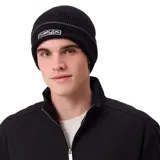 Gorro de lana tipo beanie color negro, con tejido acanalado y parche frontal con el logo de la marca Rusty.