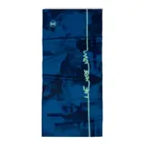 Bufanda tubular multifuncional Buff, modelo Original Ecostretch, de diseño sin costuras en color azul con estampado abstracto y logo de la marca. Fabricada con materiales reciclados, ofrece protección solar UPF 50 y es apta para diversas actividades al aire libre.