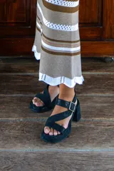 Sandalias negras de cuero con plataforma y taco cuadrado. Tiras cruzadas sobre el empeine y hebilla metálica lateral.