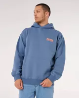 Canguro con capucha Rip Curl modelo Surf Puff Hood, color azul, con estampa en la espalda con el texto 'Ripcurl Surfing Company Since 1969' en color naranja.