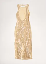 Vestido largo de fiesta con diseño recto y cuello halter. Confeccionado en tejido con lentejuelas brillantes, presenta espalda abierta y cierre de botones en el cuello.