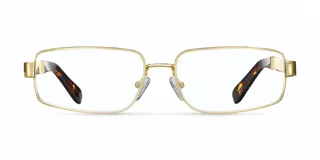 Lentes con armazón rectangular de metal dorado y patillas con estampado carey.
