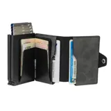 Billetera compacta de cuero genuino color negro con doble compartimento de aluminio para tarjetas. Cuenta con sistema de deslizamiento mediante clip, protección RFID, espacio para billetes y documentos.