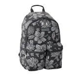 Mochila Rip Curl Weekend Travel de 21 litros, color negro con estampado de flores grises y logo de la marca en el frente. Cuenta con dos bolsillos frontales con cierre y un compartimento principal con cierre doble. Ideal para viajes cortos o uso diario.